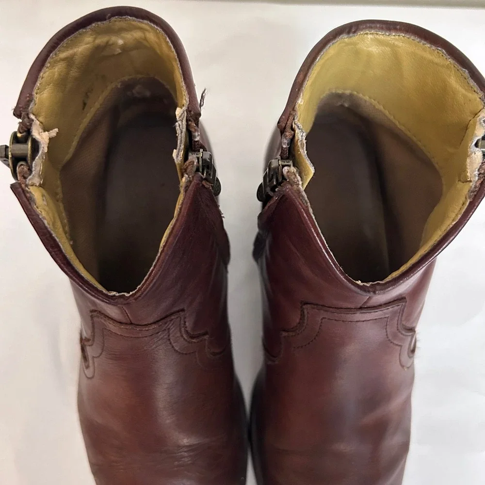 BUSSOLA Brown Leather Ankle Boots Western‎ Style Side Zip Block Heel 38